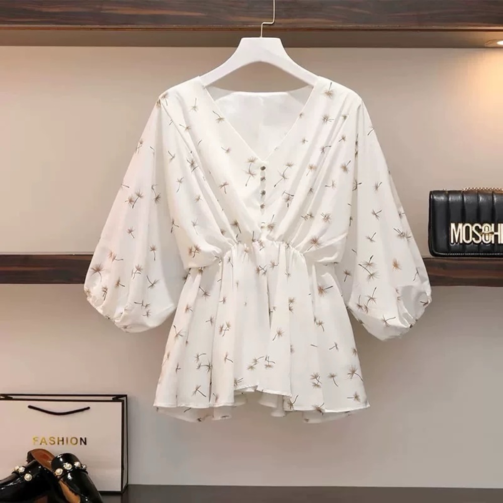 White Floral Women's Top Dandelion patterned short sleeve blouse shirt